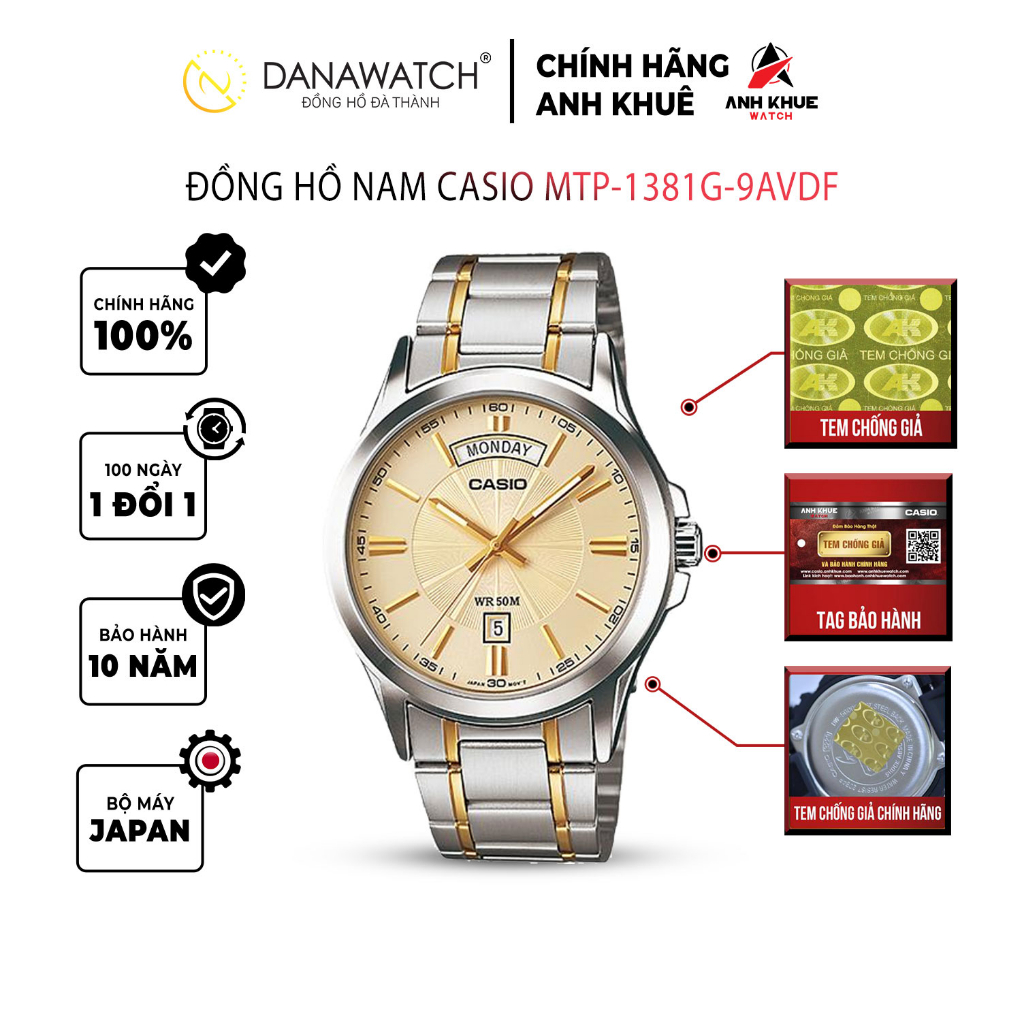 Đồng hồ Casio Nam chính hãng Casio Nhật Bản MTP-1381G-9AVDF chính hãng thép không gỉ chống nước tốt