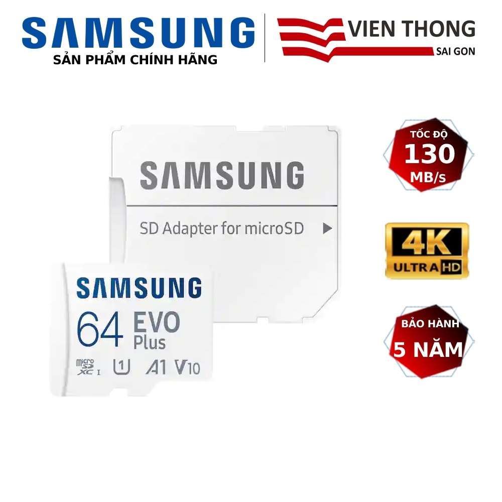 Thẻ nhớ microSDXC Samsung Evo Plus 64GB upto 130MB/s C10 U1 kèm Adapter (Bảo hành 5 năm) - Hãng phân phối chính thức