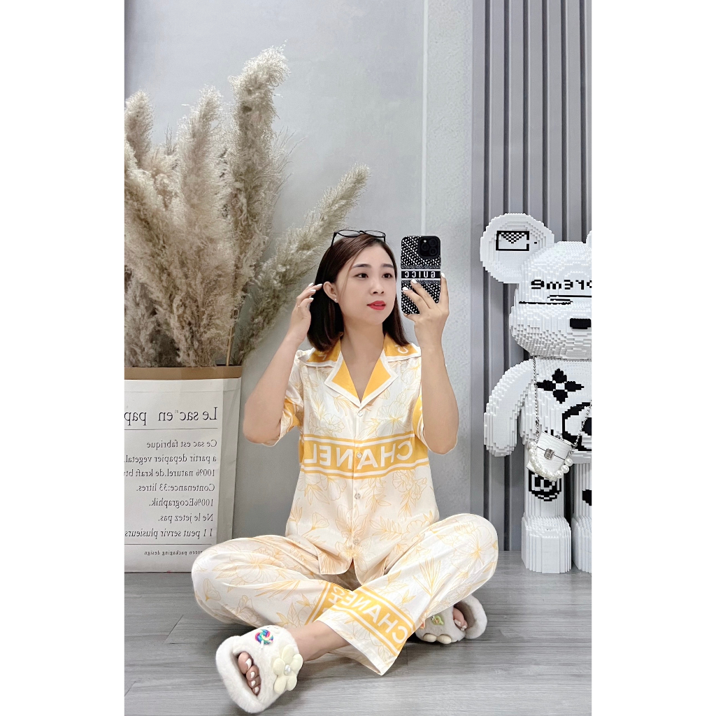 Đồ bộ nữ ANH MỸ mặc nhà  pijama chất liệu lụa xước ánh kim thiết kế 5D cao cấp tay ngắn quần dài XUOCDAI06-03
