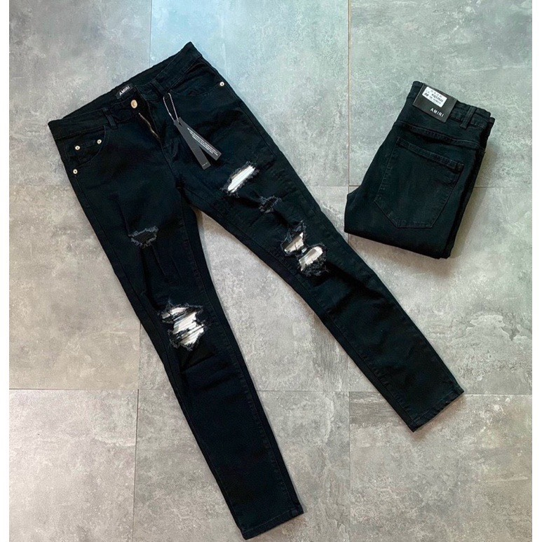 Quần bò jean nam amiri dài đen rách vá gối da mẫu mới trẻ trung hot,form skinny vải co giãn tốt chuẩn xịn