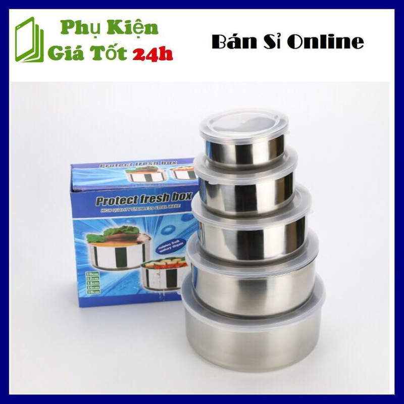 Bộ 5 hộp đựng thực phẩm inox nắp nhựa, set 5 thố inox tròn đựng cơm, chất liệu inox không gỉ cao cấp, bền bỉ, bóng mịn