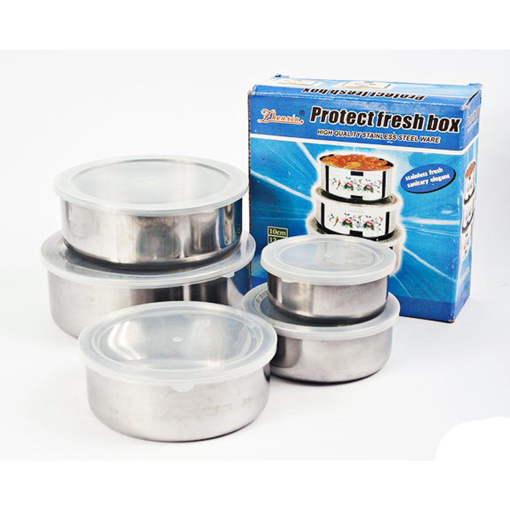 Bộ 5 hộp đựng thực phẩm inox nắp nhựa, set 5 thố inox tròn đựng cơm, chất liệu inox không gỉ cao cấp, bền bỉ, bóng mịn