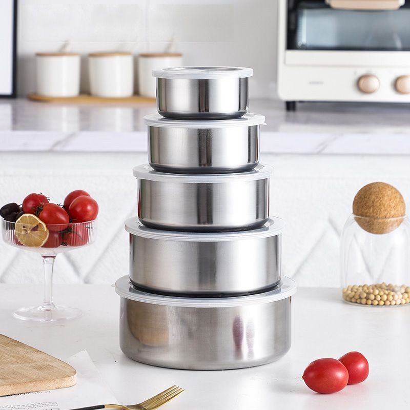 Bộ 5 hộp đựng thực phẩm inox nắp nhựa, set 5 thố inox tròn đựng cơm, chất liệu inox không gỉ cao cấp, bền bỉ, bóng mịn