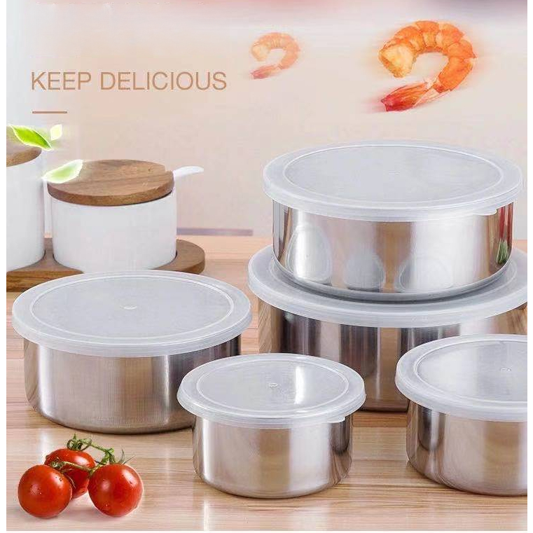 Bộ 5 hộp đựng thực phẩm inox nắp nhựa, set 5 thố inox tròn đựng cơm, chất liệu inox không gỉ cao cấp, bền bỉ, bóng mịn