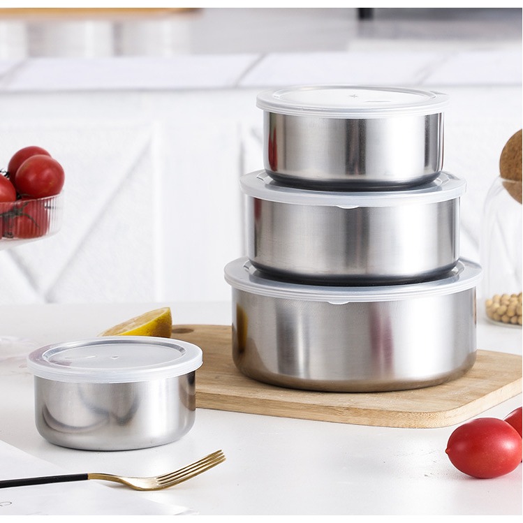 Bộ 5 hộp đựng thực phẩm inox nắp nhựa, set 5 thố inox tròn đựng cơm, chất liệu inox không gỉ cao cấp, bền bỉ, bóng mịn