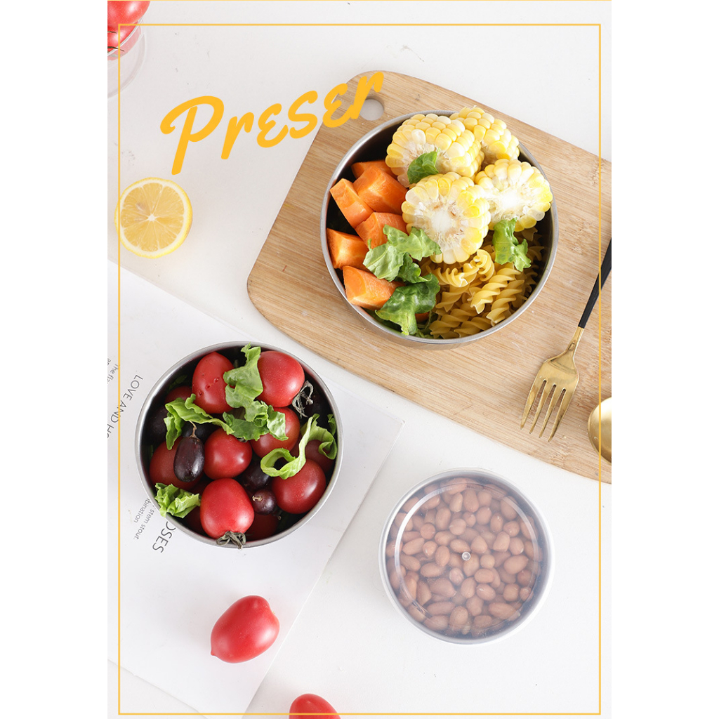 Bộ 5 hộp đựng thực phẩm inox nắp nhựa, set 5 thố inox tròn đựng cơm, chất liệu inox không gỉ cao cấp, bền bỉ, bóng mịn