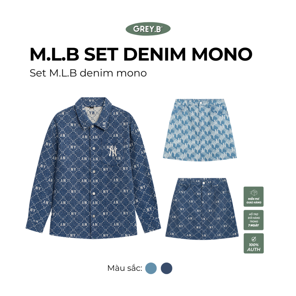 Set Áo Khoác Và Chân Váy Denim M.L.B Logo Mono Blue GREYB Phong Cách Hàn Quốc