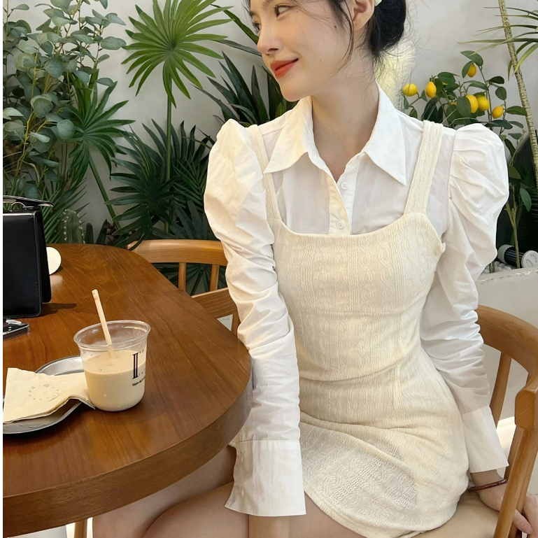 Set váy đầm hai dây form A dáng ngắn kèm sơ mi dài tay cách điệu xinh xắn NASINN