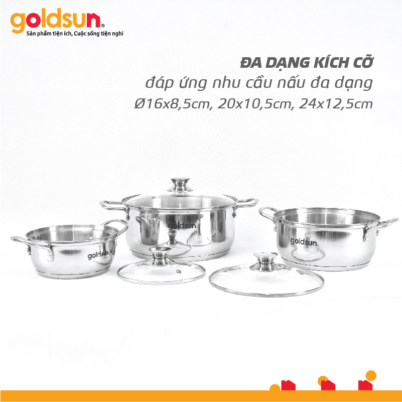 Bộ Nồi Inox 3 Đáy Goldsun Có 3 Lớp Toả Nhiệt Nhanh Sử Dụng Trên Mọi Loại Bếp Có Kính Cường Lực Chịu Nhiệt - GPS1723