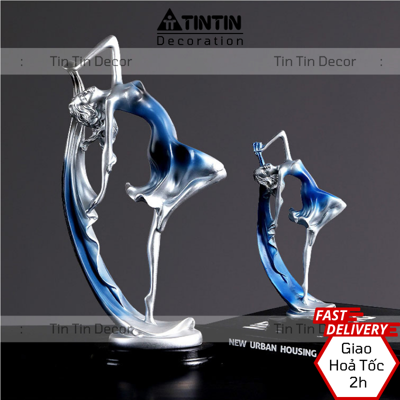 Tượng decor cô gái vũ công uyển chuyển quyến rũ màu xanh vàng- 23cm