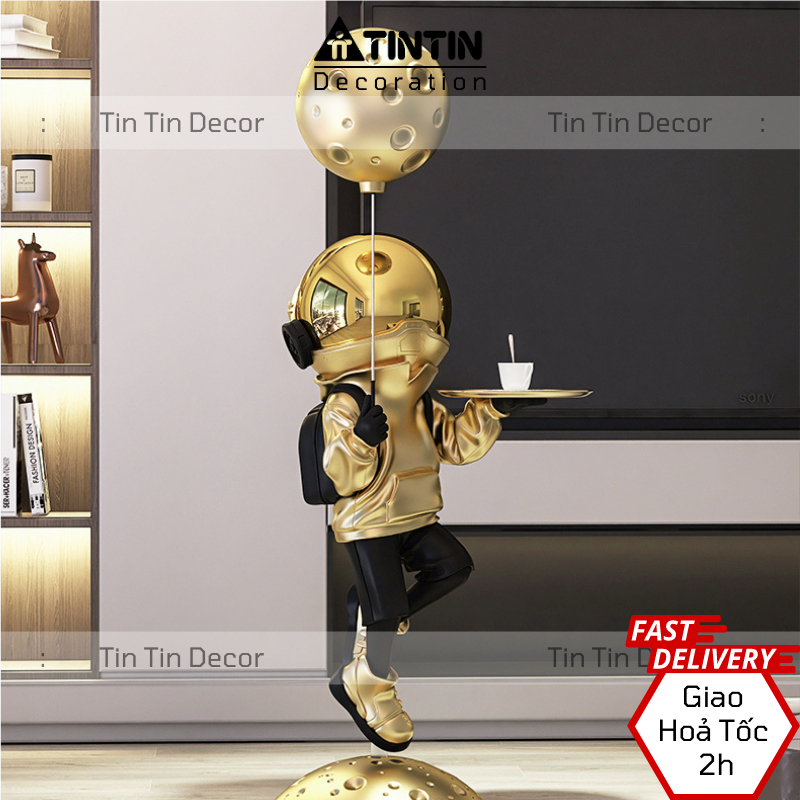 Mô hình decor phi hành gia cầm bóng bay và khay đĩa đựng đồ - Màu vàng, Màu hồng - 120cm