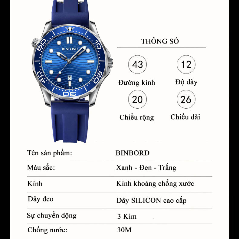 Đồng Hồ Nam BINBOND dạ quang dây silicon cao cấp nam tính thời thượng Laxy Watch