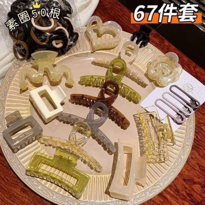 Set kẹp tóc / cột tóc 67 chi tiết gồm 17 kẹp tóc + 50 dây cột tóc siêu xinh cho nữ