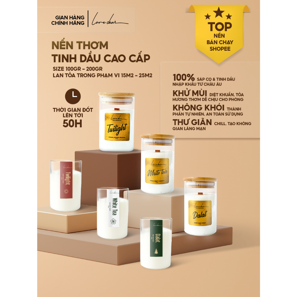 Nến Thơm  Phòng Tinh Dầu Cao Cấp LoveDear - Không Khói Nhiều Mùi  Thiên Nhiên và Sáp Cọ -Trang Trí Decor 100g & 200g