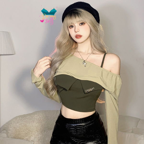 Áo crop top lệch vai xanh ô liu