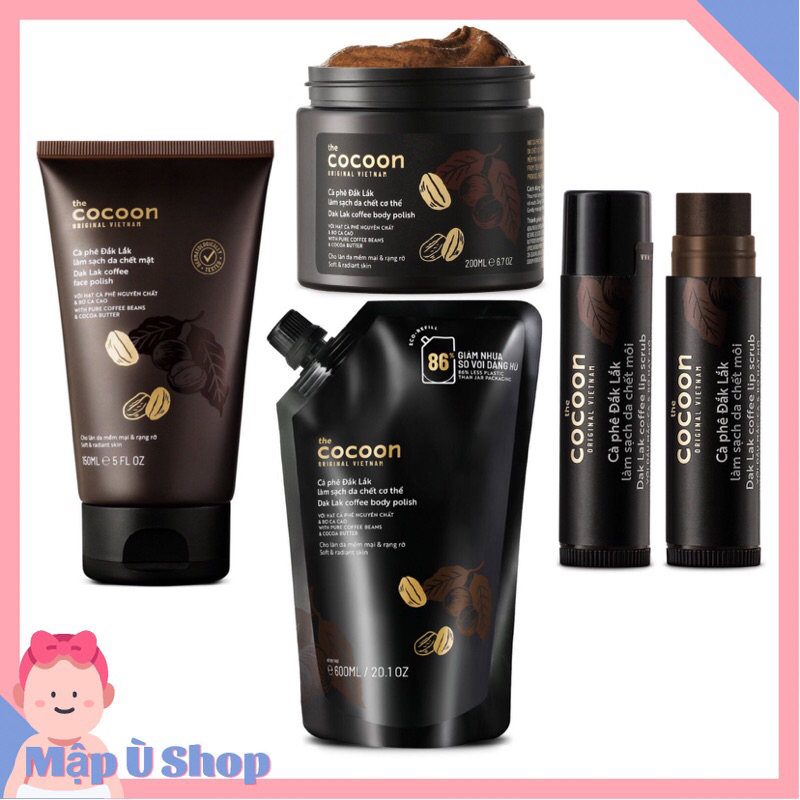 Tẩy tế bào chết cà phê Cocoon cho môi 5g / tuýp mặt 150ml  / hủ body toàn thân 200ml và túi refill 600ml