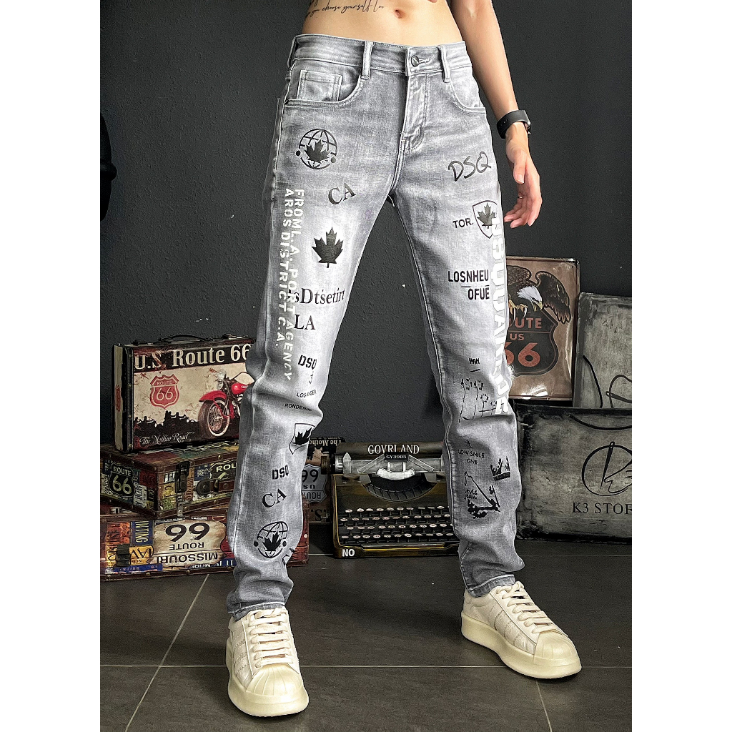 Quần jean xám in hoạ tiết đen full quần chất jean co giãn nhẹ chi tiết như hình J2849 K3 STORE