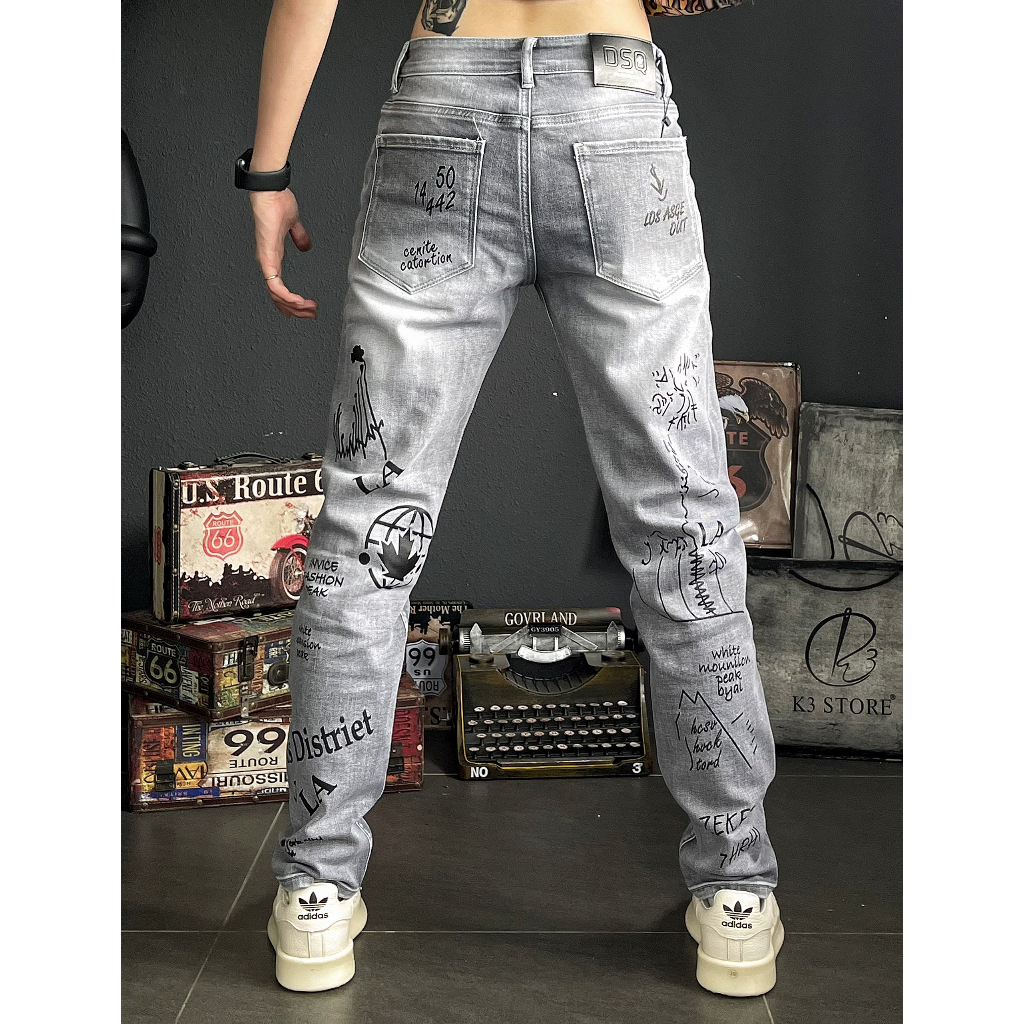 Quần jean xám in hoạ tiết đen full quần chất jean co giãn nhẹ chi tiết như hình J2849 K3 STORE