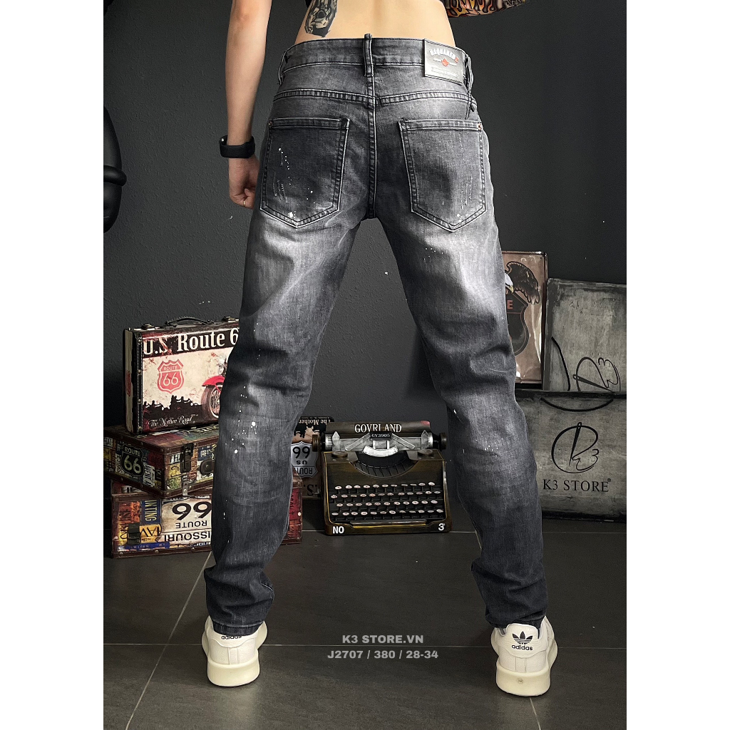 Quần jean nam dài màu xám rách phun sơn chất jean co giãn nhẹ chi tiết như hình J2707 K3 STORE