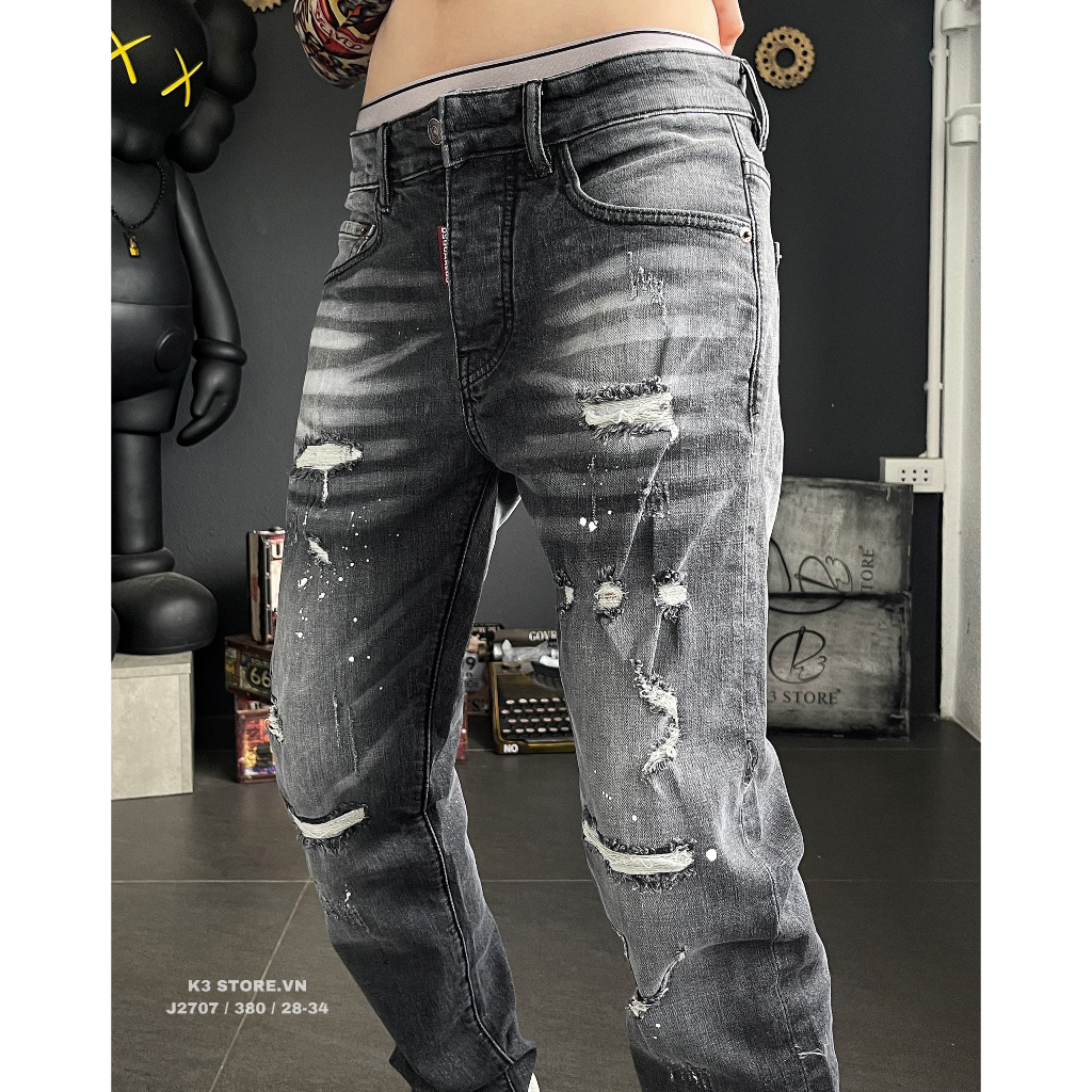 Quần jean nam dài màu xám rách phun sơn chất jean co giãn nhẹ chi tiết như hình J2707 K3 STORE