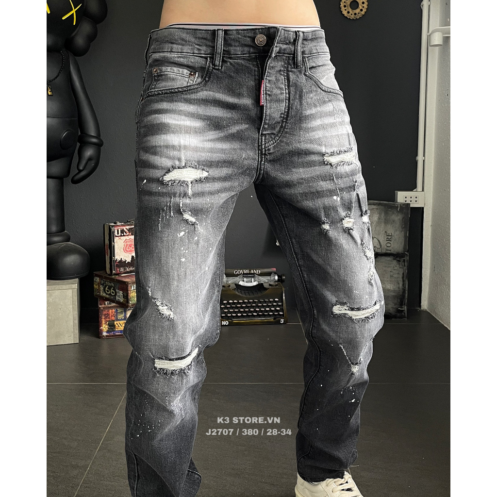 Quần jean nam dài màu xám rách phun sơn chất jean co giãn nhẹ chi tiết như hình J2707 K3 STORE