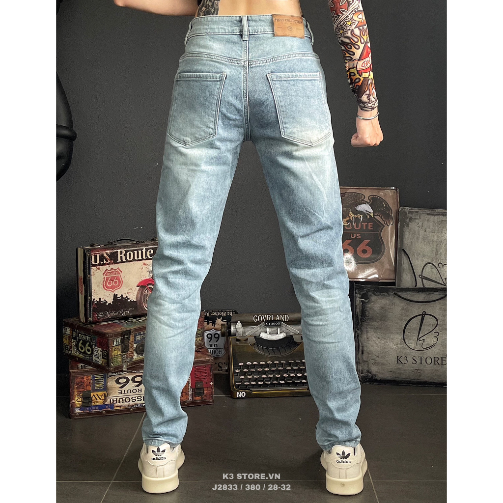Quần jean nam THREE CLTN màu xanh biển nhạt trơn chất jean co giãn nhẹ thoải mái chi tiết như hình J2833 K3 STORE