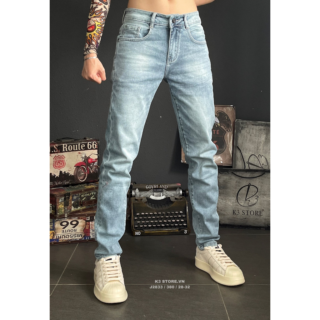 Quần jean nam THREE CLTN màu xanh biển nhạt trơn chất jean co giãn nhẹ thoải mái chi tiết như hình J2833 K3 STORE