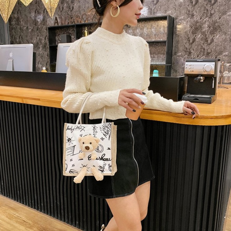 Túi Cói mini có gấu bông dễ thương-Túi cói gấu đi biển đi chơi phù hợp nhiều hoàn cảnh-Túi Vintage-hapfami