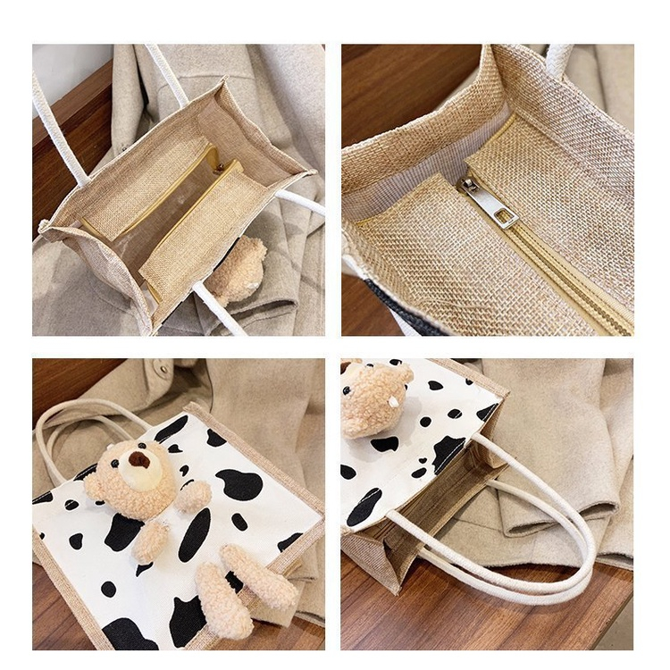 Túi Cói mini có gấu bông dễ thương-Túi cói gấu đi biển đi chơi phù hợp nhiều hoàn cảnh-Túi Vintage-hapfami