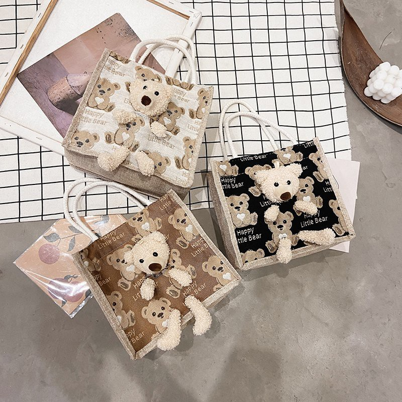 Túi Cói mini có gấu bông dễ thương-Túi cói gấu đi biển đi chơi phù hợp nhiều hoàn cảnh-Túi Vintage-hapfami