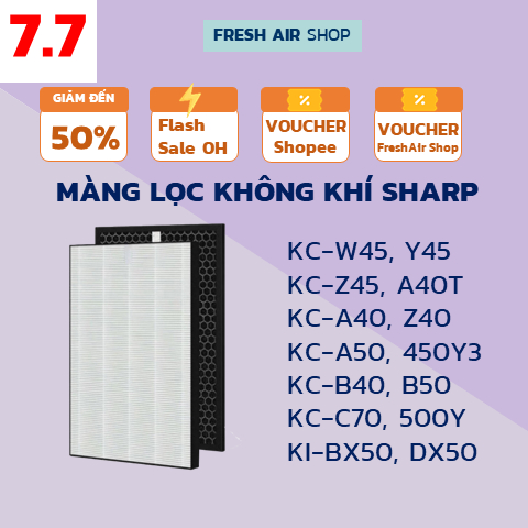 Combo HEPA+THAN màng lọc không khí Sharp KC-W45, Y45, A40, Z40, Z45, B40, B50, C70, 500Y2, 450Y3, BX50, KI-BX50, KI-DX50