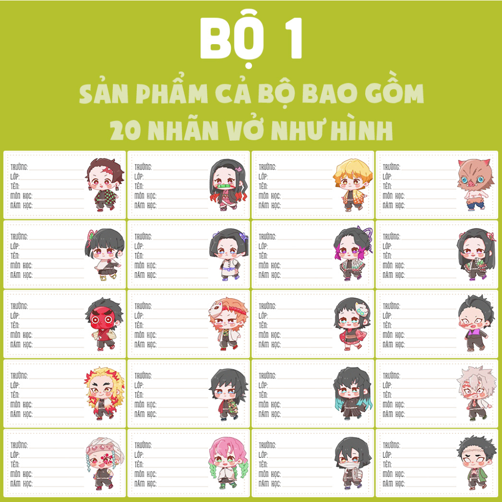 BỘ 20-40 NHÃN VỞ KNY KIMETSU NO YAIBA - THANH GƯ ƠM DI ỆT QU Ỷ- NHÃN VỞ TẬP HỌC SINH ANIME MANGA