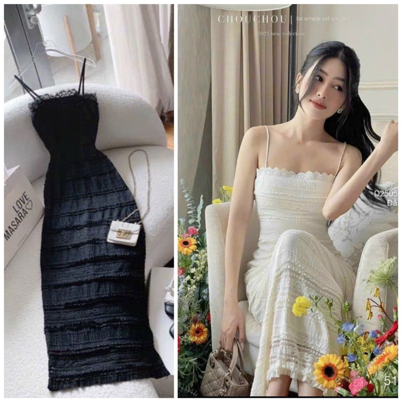 Đầm body 2 dây maxi dài vải xốp 2 lớp phối ren - R0L