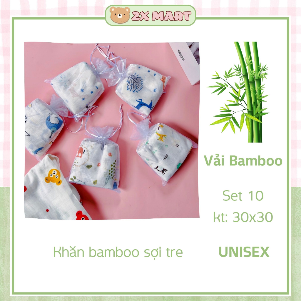 Túi 10 Khăn sữa 2 lớp 100% sợi tre siêu mềm. Khăn mặt, khăn quàng - 2X MART