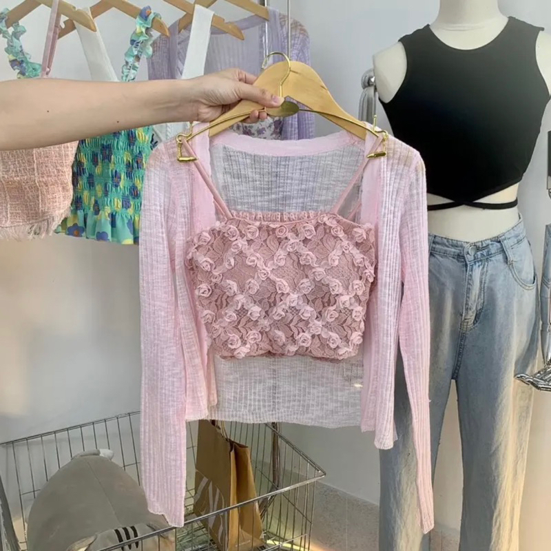 Set áo khoác len cadigan 1 khuy mỏng mix áo 2 dây nhiều mẫu