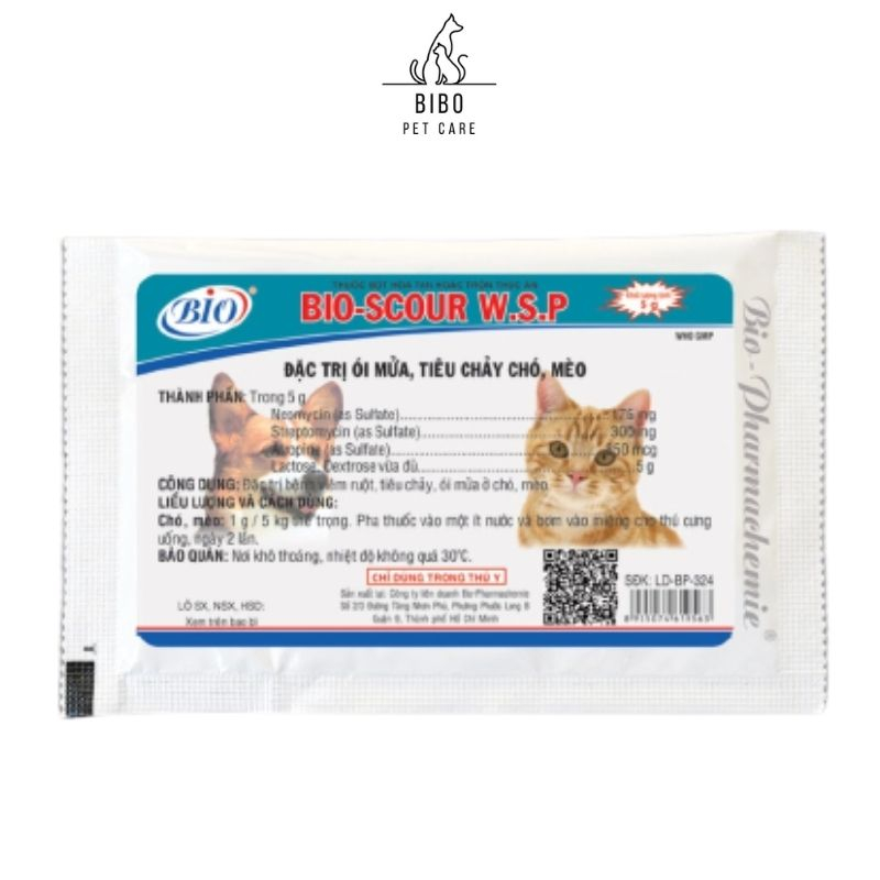 Bột Bio Scour W.S.P trị ói mửa, tiêu chảy cho chó mèo gói 5g - Bibopetcare
