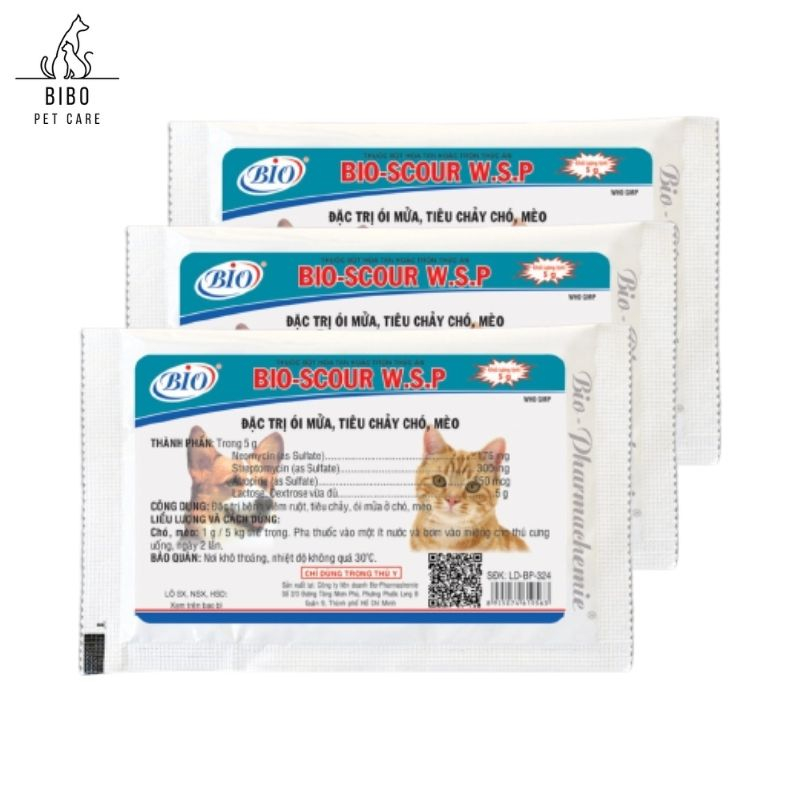 Bột Bio Scour W.S.P trị ói mửa, tiêu chảy cho chó mèo gói 5g - Bibopetcare