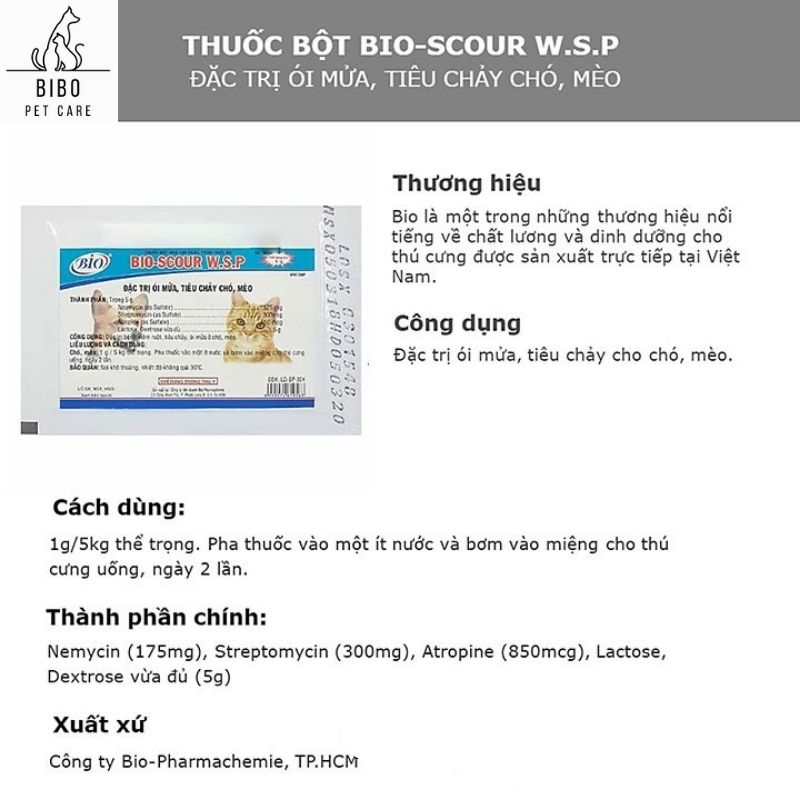 Bột Bio Scour W.S.P trị ói mửa, tiêu chảy cho chó mèo gói 5g - Bibopetcare