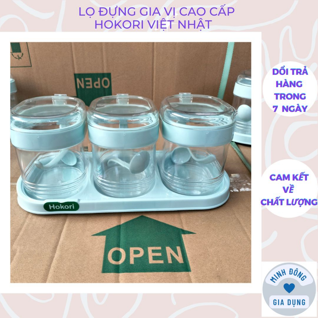 Lọ đựng gia vị 3 ngăn cao cấp Hokori Việt Nhật có quai cầm và nắp đậy tặng kèm khay , Bộ hũ lọ đựng gia vị HOKORI00