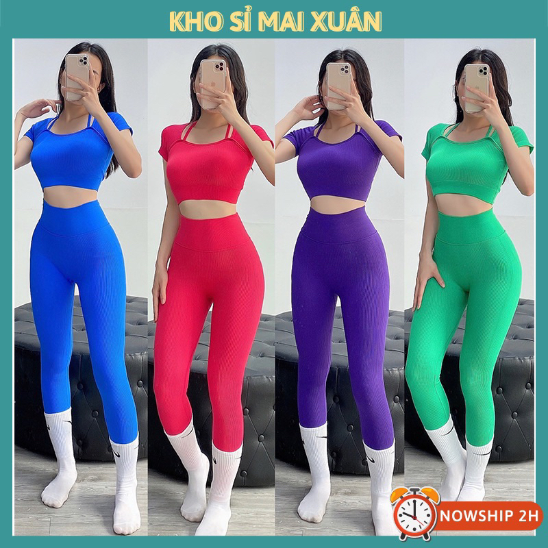 Sét bộ đồ tập gym yoga thể thao nữ, bộ dệt gân áo cộc tay có đệm, quần dài nâng mông tôn dáng cao cấp Kho Sỉ Mai Xuân