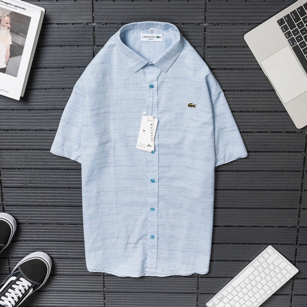 Sơ mi nam ngắn tay LC xanh nhạt, họa tiết sọc ngang, vải oxford cao cấp, ít nhăn - Đẳng cấp phái mạnh