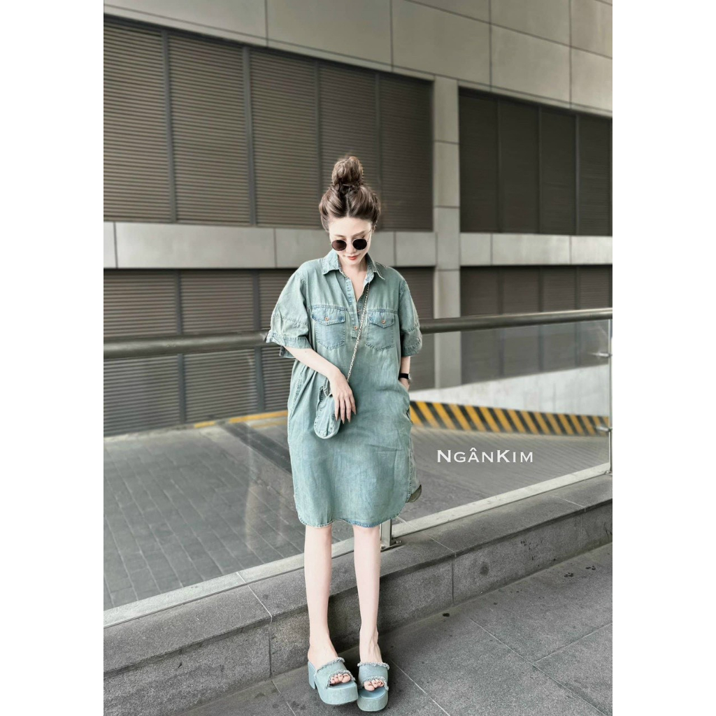 Váy bò nữ, váy suông cúc bấm