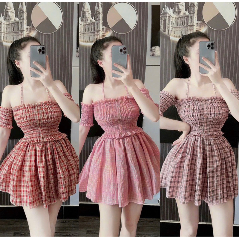 Set Bộ Sọc Caro Áo Trễ Bẹc Vai Nhún Mocking Dây Cột Yếm Đính Khuy + Quần Short Đùi