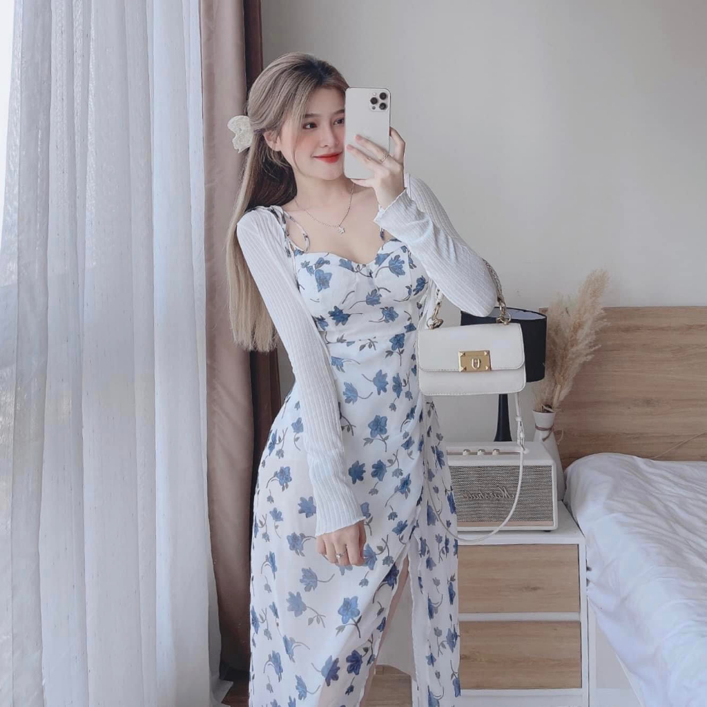 Set váy nữ 2 dây voan hoa xanh xẻ tà mix áo khoác thun gân siêu xinh cho các nàng diện đi chơi, chụp hình, đi biển