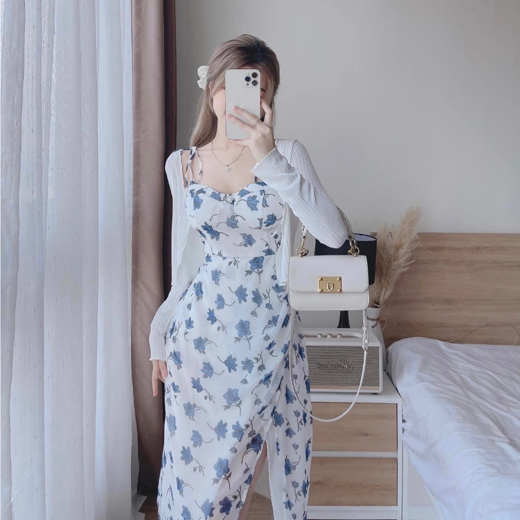 Set váy nữ 2 dây voan hoa xanh xẻ tà mix áo khoác thun gân siêu xinh cho các nàng diện đi chơi, chụp hình, đi biển