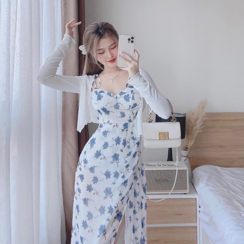 Set váy nữ 2 dây voan hoa xanh xẻ tà mix áo khoác thun gân siêu xinh cho các nàng diện đi chơi, chụp hình, đi biển