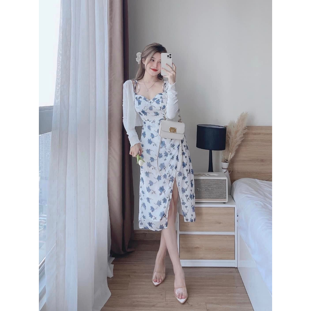 Set váy nữ 2 dây voan hoa xanh xẻ tà mix áo khoác thun gân siêu xinh cho các nàng diện đi chơi, chụp hình, đi biển