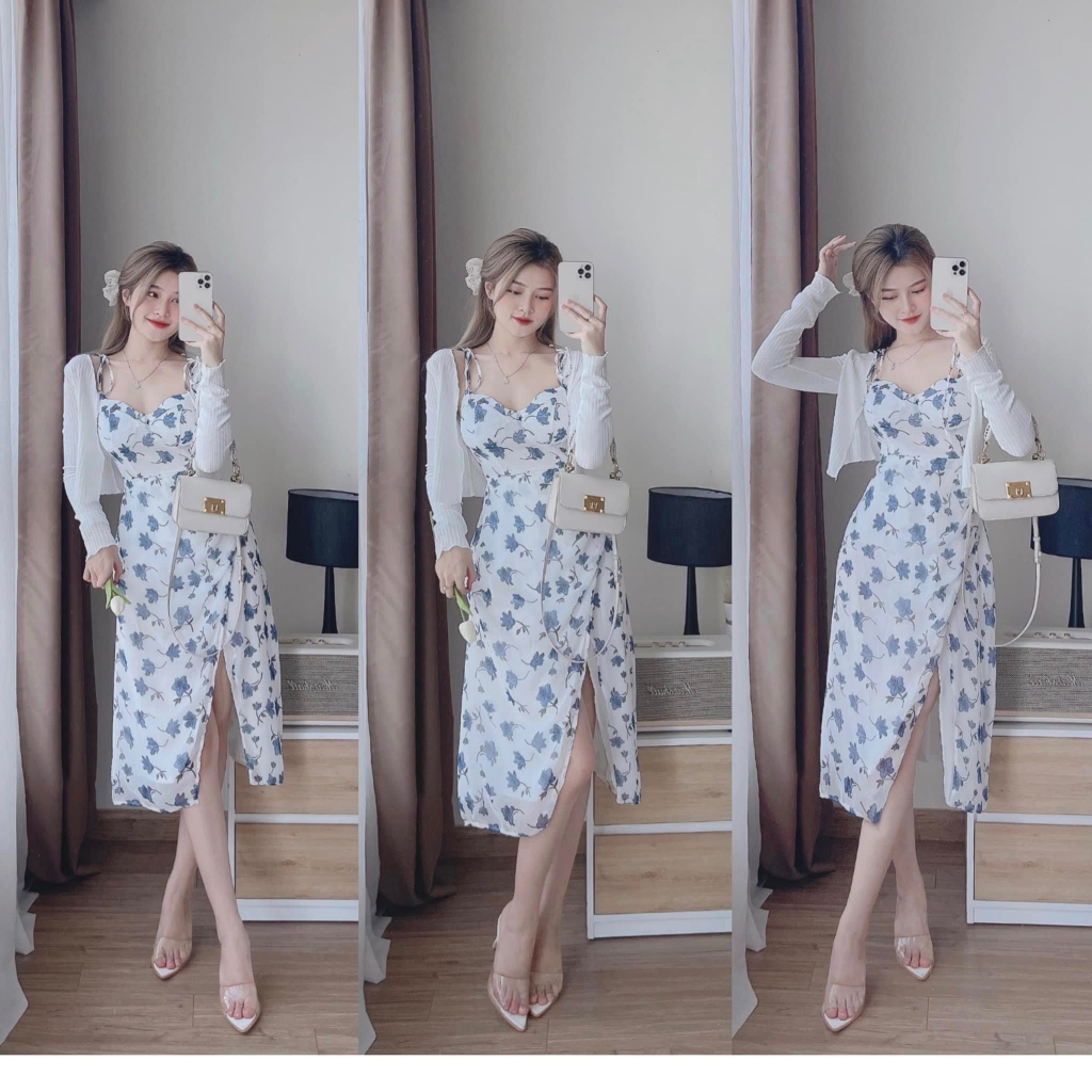 Set váy nữ 2 dây voan hoa xanh xẻ tà mix áo khoác thun gân siêu xinh cho các nàng diện đi chơi, chụp hình, đi biển