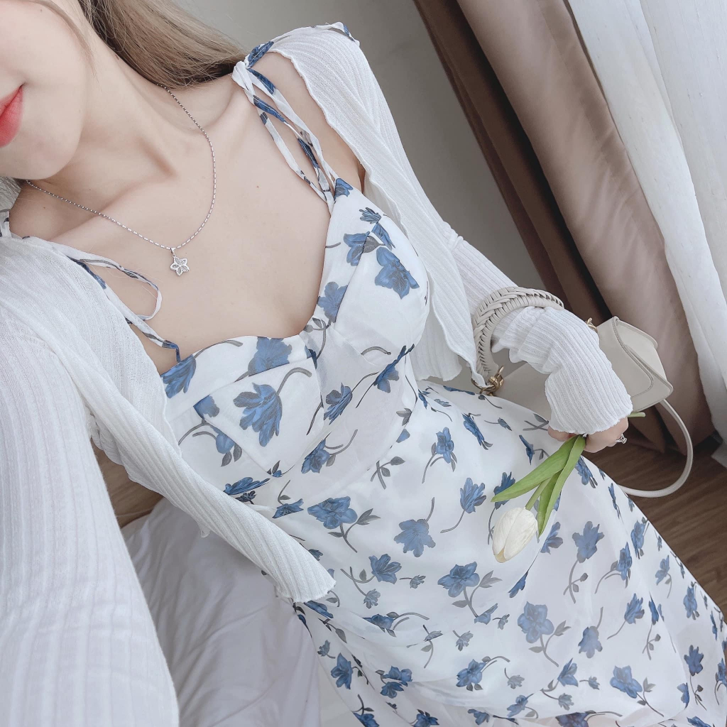 Set váy nữ 2 dây voan hoa xanh xẻ tà mix áo khoác thun gân siêu xinh cho các nàng diện đi chơi, chụp hình, đi biển