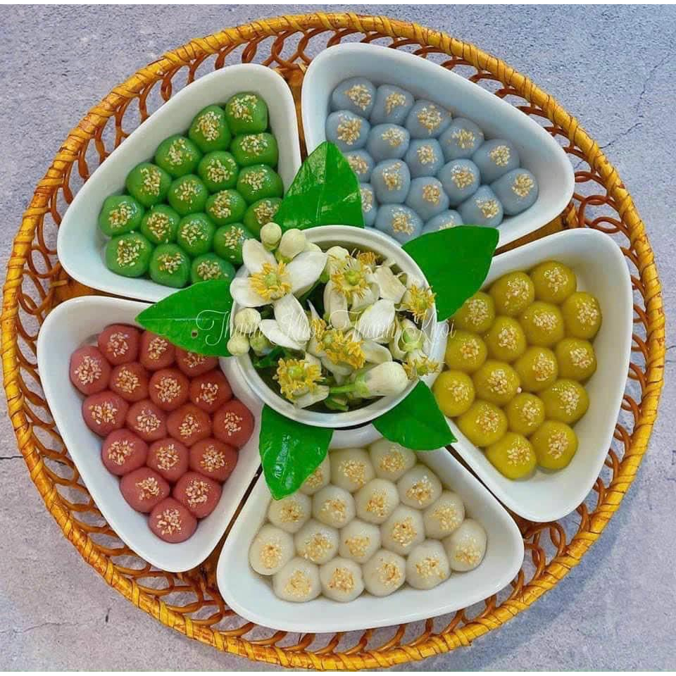 Bộ Đĩa 5 Cánh Hoa Đào Sứ Bát Tràng Kèm Khay Mây Siêu Đẹp,Bộ Bát Bánh Trôi